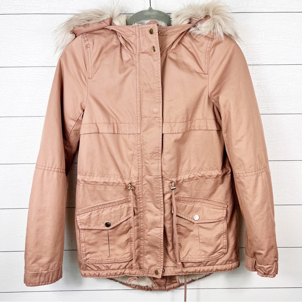 Divided H&M Women’s 0 Cargo Utility Jacket Sherpa Lined Hooded Pink